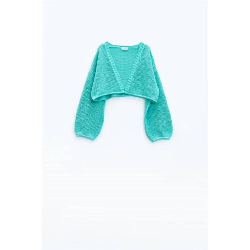 NEW Q2 women's crochet basic cropped cardigan in green